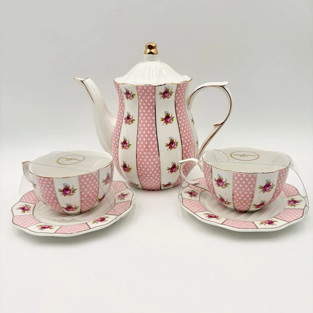 Grace Teaware Pink‎ Polka Dot Rose Floral Porcelain Teapot and 2 Cup Saucer Set